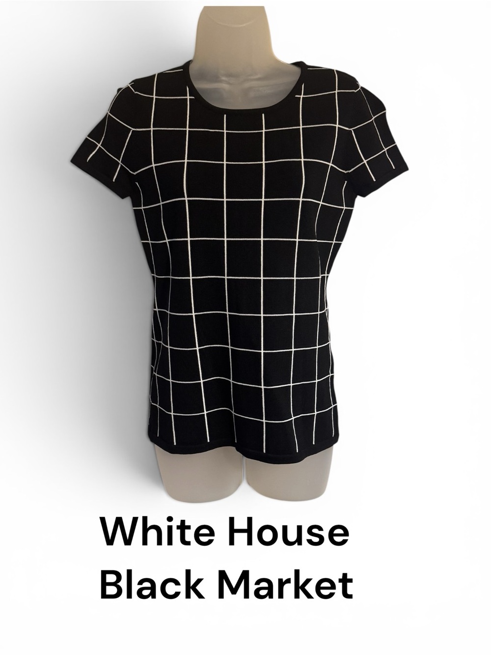 White House Black Market Black Grid Short Sleeve Knit Top XSMALL #Z - Picture 1 of 7